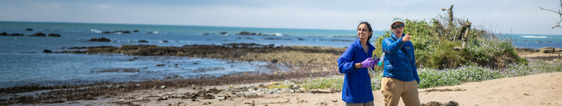 Two researchers standing on a rocky coastline